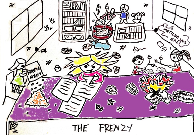 &quot;The Frenzy&quot;: a cartoon depicting chaos surrounding an oblivious Kate who is writing furiously. Annie empties cornflakes onto the table, Harry is watering the television and the other two have kindled a small fire on the table and are roasting marshmallows